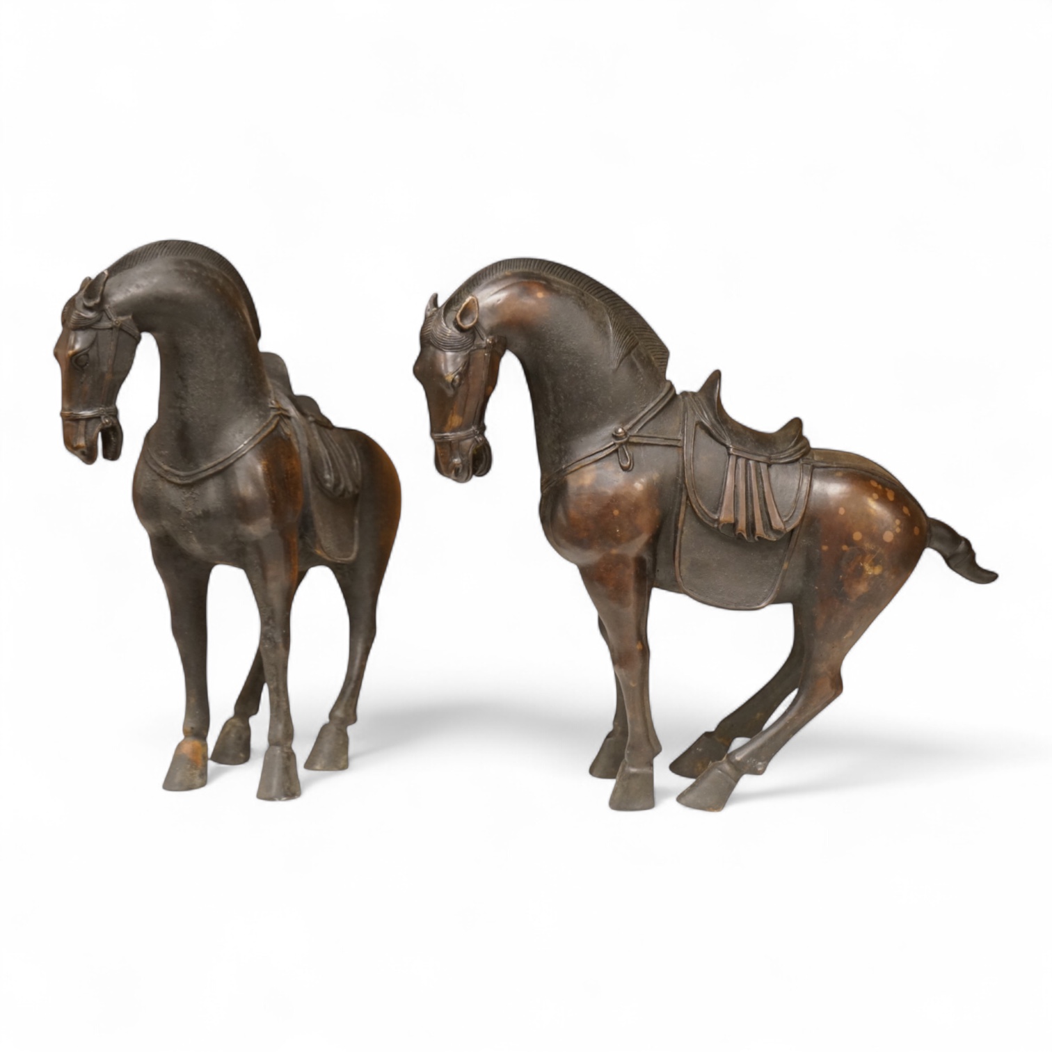A pair of modern bronze figures of Tang horses, 30cm high